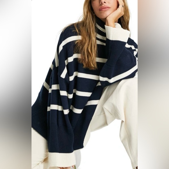 TopShop Navy & White Striped Oversized Sweater - Picture 1 of 7